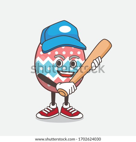 An illustration of Easter Egg cartoon mascot character playing baseball