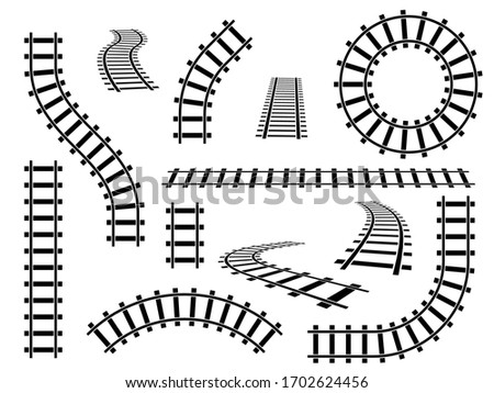 Railroad tracks. Straight, wavy and curved rails railway top view, ladder elements. Steel bars laid, construction isolated vector train tracking set Royalty-Free Stock Photo #1702624456