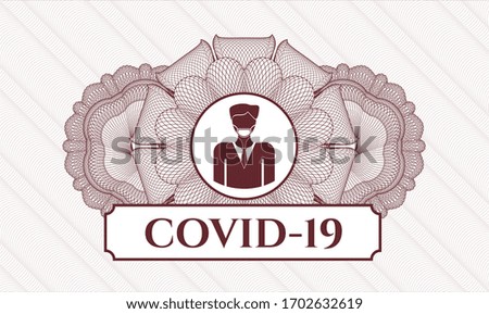 Red passport emblem. Vector Illustration. Detailed with man wearing face mask icon and COVID-19 text inside