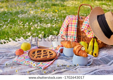 Picnic basket with fruit and bakery on a plaid and a green meadow with flowers.Lunch sweet cake, croissants, drinks, fruits in the park on the green grass. Summer picnic background concept. Copy space
