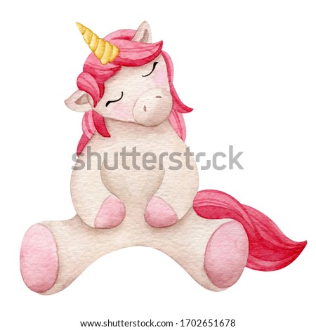 Watercolor pink fairy unicorn illustration. Clip art for baby nursery decoration, birthday parties