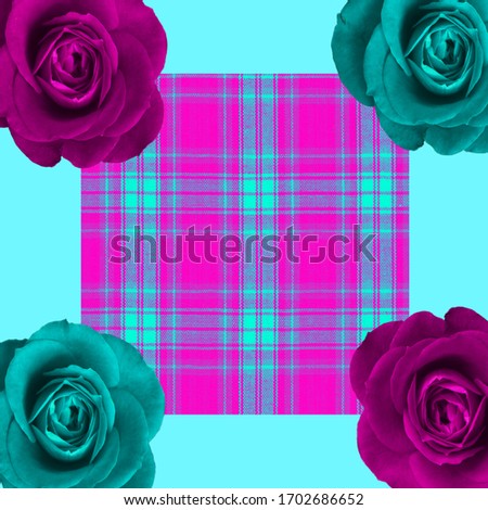 Contemporary art collage. Pink and blue roses, Fabric background.