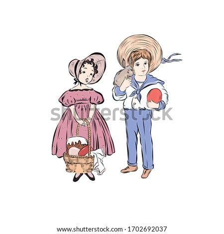 Girl in vintage style holds a basket with easter cake, eggs. Boy dressed in a sailor suit, straw hat keep a rabbit and red big egg. Hand drawn retro people. Brother and sister standing together. 