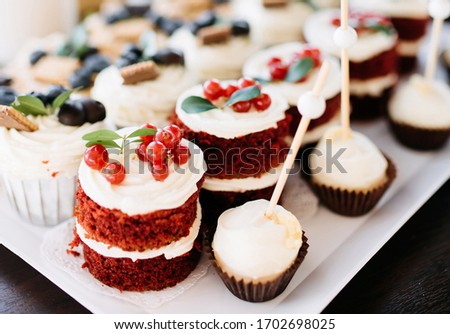 Group of many small tasty little sweet snacks, tiny cakes. Lots of mini sugary cupcakes Royalty-Free Stock Photo #1702698025
