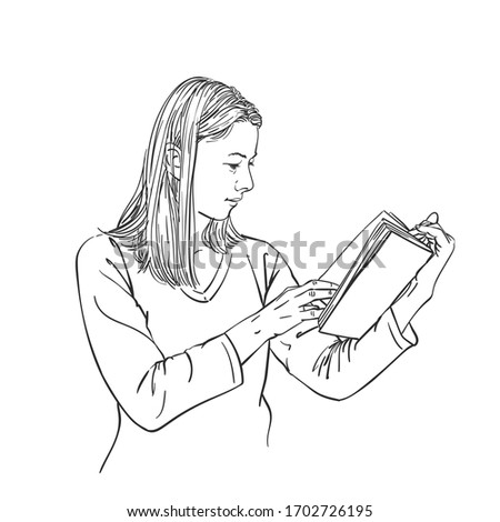 Girl is reading book changing page, vector sketch, hand drawn linear illustration isolated