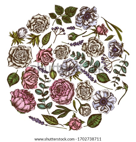 Round floral design with colored roses, anemone, eucalyptus, lavender, peony, viburnum