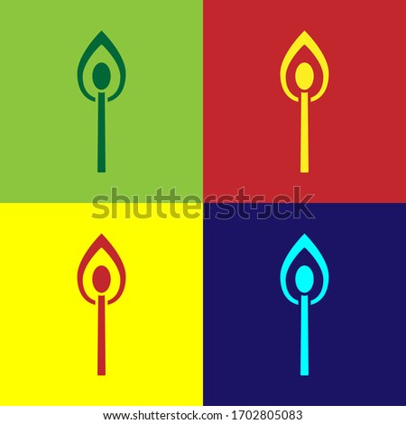 Pop art Burning match with fire icon isolated on color background. Match with fire. Matches sign. Vector Illustration