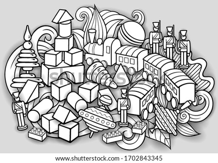 Cartoon cute doodles hand drawn kids toys illustration. Many objects vector background. Funny sketchy artwork. 
