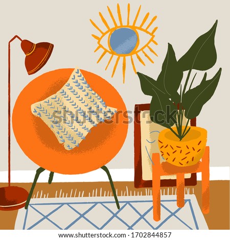 Scandinavian or nordic style interior. Hand drawing style home office. Cozy interior with home plants. Cartoon vector