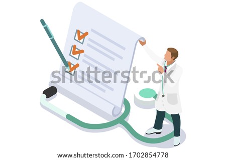 Medicine insurance security care for life. Hospital diagnosis design, health care document filling concept. Document health diagnoses medical insurance. Text and cartoon character vector illustration Royalty-Free Stock Photo #1702854778