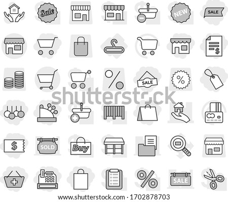 Editable thin line isolated vector icon set - cart, account balance, receipt, add to basket, shop, shopping bag, label, sale, cashbox, real estate, hanger, house hold vector, credit card, coin stack