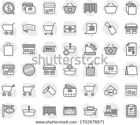 Editable thin line isolated vector icon set - cart, basket, account balance, add to, delete, store, shopping list, bag, label, sale, cashbox, signboard, credit card, bar code, shop, office vector