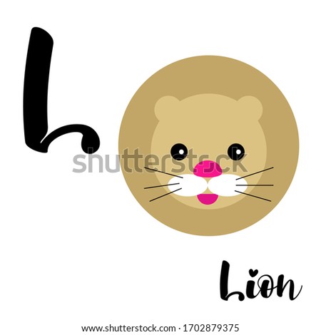 Letter "L" of the English alphabet with a lion picture. A card for children, kindergarten, teachers, schools, parents, apps and websites. Vector illustration in flat style.
