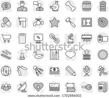 Editable thin line isolated vector icon set - water tap, battery vector, goose, barrel, pump, meat hammer, grater, cookbook, sieve, pencil, personal information, cart, hand trainer, pills, breads