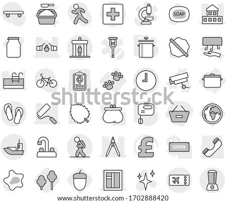 Editable thin line isolated vector icon set - remove from basket, drawbridge, cottage, window, repair, drawing compasses, sea shipping, clock, tourist, detector, ticket, first aid, flip flops, pan