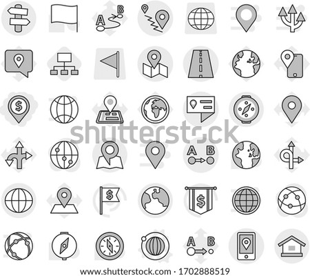 Editable thin line isolated vector icon set - dollar pin, road, location details, route a to b, mobile, map, earth, globe, signpost, compass, orbit vector, hierarchy, world, flag, navigator, traking