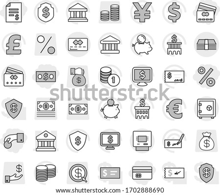 Editable thin line isolated vector icon set - hand coin, money, credit card, account balance, percent, library, atm, safe, bank vector, piggy, stack, check, building, dollar shield, monitor, pound