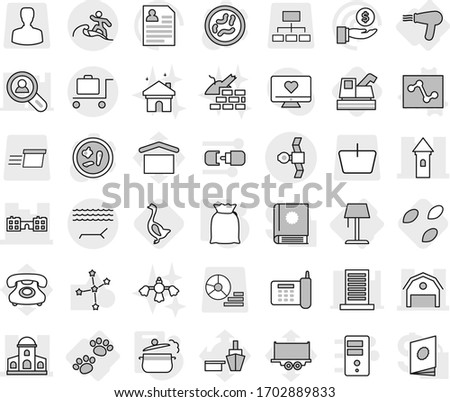 Editable thin line isolated vector icon set - tower, mansion, barn, school, satellite, lounger, surfer, baggage trolley, hair dryer, pets, floor lamp, analytics vector, steam pan, flour, seeds, port