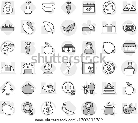 Editable thin line isolated vector icon set - market, sperm vector, leafs, hospital recieption, barn, dome house, greenhouse, flower bed, life vest, in window, beans, carrot, lemon, seedling, pear
