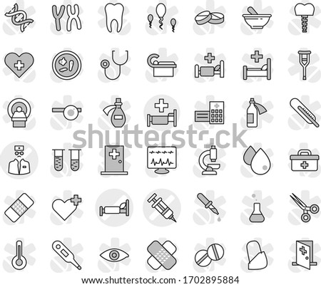 Editable thin line isolated vector icon set - syringe vector, hospital bed, doctor, bag, heart cross, thermometer, flask, vial, eye, dna, dropper, crutches, scissors, patch, stethoscope, pills, hat