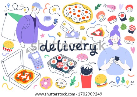 Food delivery collection, service for delivering take out food, woman making order via app, isolated vector illustrations of pizza, sushi rolls and courier with pos terminal, cute cartoon characters