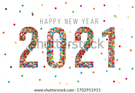 Happy New Year 2021 make of confetti. Confetti greeting card. Color dots