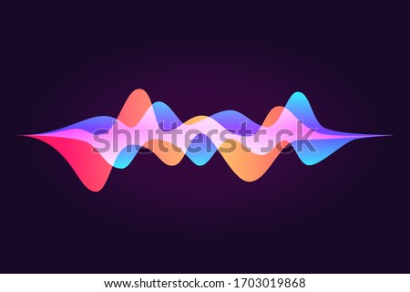 Sound wave, abstract colored equalizer, personal ssistant, voice recognition. Smart home ui element. Speaking waveform, vector gradient flow. Futuristic illustration in neon colors. Royalty-Free Stock Photo #1703019868