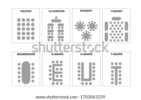A set of schemes for arranging seats. The chairs and the tables in meeting rooms, conference halls and other places. Vector. Royalty-Free Stock Photo #1703063239