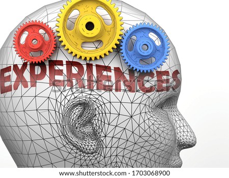 Experiences and human mind - pictured as word Experiences inside a head to symbolize relation between Experiences and the human psyche, 3d illustration