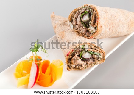 Delicious organic chicken shawarma for healthy living. Fresh homemade food Photogrphy perfect for takeaway and delivery concept.