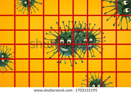 coronavirus behind the trellis on a yellow background. A new pandemic of coronavirus disease COVID-19. Abstract virus strain of the Wuhan coronavirus model 2019-nKoV. disease infection