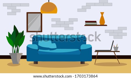 Interior design, the living room for working at home, a blue sofa with a small table for placing notebooks, decorated with green plants in the house