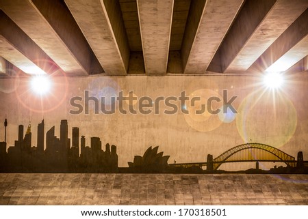 Sydney skyline as wall drawing on the support column of an overpass