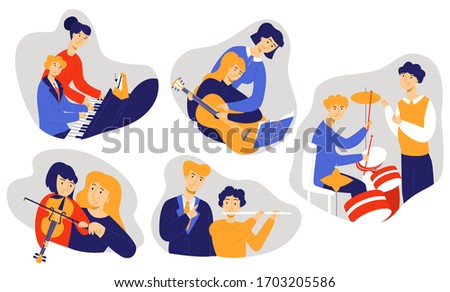 Vector flat illustration with set of music teachers and young students playing various instruments. Concept music education. Can use it as separate clipart elements for web design, advertising, etc.