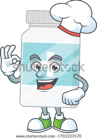Supplement bottle cartoon design style proudly wearing white chef hat