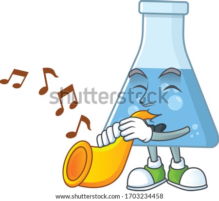 A brilliant musician of blue chemical bottle cartoon character playing a trumpet
