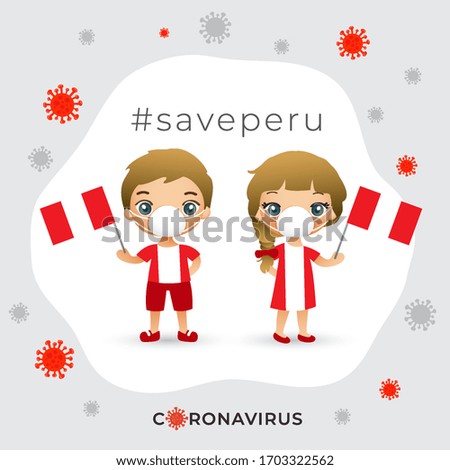 Set of boy and girl wearing surgical mask preventing coronavirus with national flag : Peru : Vector Illustration