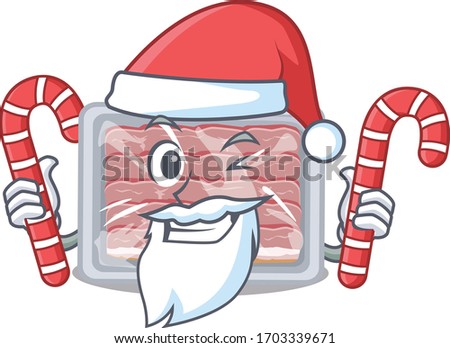 Friendly frozen smoked bacon in Santa Cartoon character holds Christmas candies