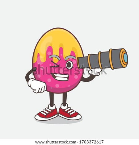 An illustration of Easter Egg cartoon mascot character using a monocular