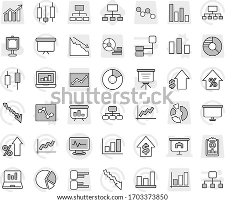 Editable thin line isolated vector icon set - monitor pulse vector, presentation, chart, analytics, hierarchy, graph, pie, japanese candle, laptop, crisis, percent growth, dollar, board, report