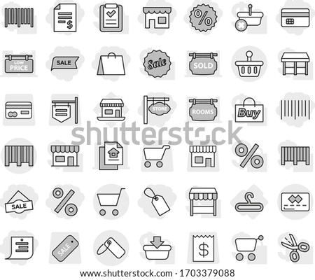 Editable thin line isolated vector icon set - credit card, account balance, shop, shopping list, bag, label, sale, percent, bar code, store signboard, basket, cart, hanger, office vector, receipt