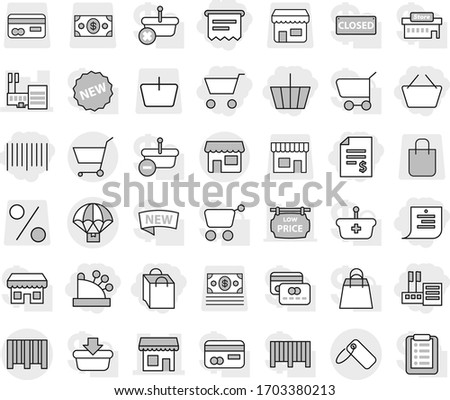 Editable thin line isolated vector icon set - cart, basket, account balance, store, shopping list, bag, bar code, cashbox, atm receipt, shop, mall, label, parachute delivery, card, money, percent