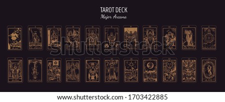 Big Tarot card deck.  Major arcana set part  . Vector hand drawn engraved style. Occult and alchemy symbolism. The fool, magician, high priestess, empress, emperor, lovers, hierophant, chariot Royalty-Free Stock Photo #1703422885