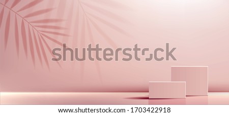 Cosmetic background for product, branding and packaging presentation. geometry form square molding on podium stage with shadow of leaf background. vector design. Royalty-Free Stock Photo #1703422918