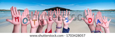 Children Hands Building Word Mothers Day, Ocean Background