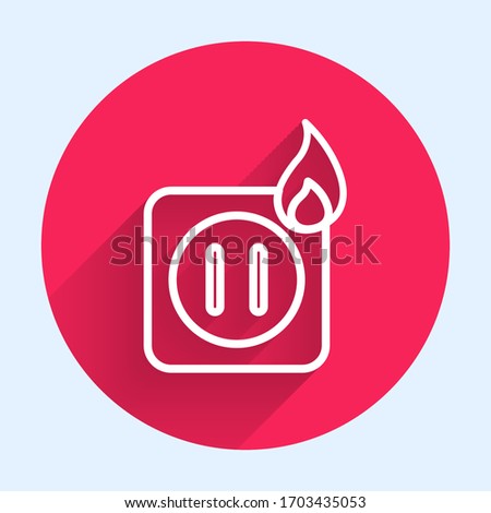 White line Electric wiring of socket in fire icon isolated with long shadow. Electrical safety concept. Plug outlet on fire. Red circle button. Vector Illustration