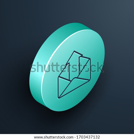 Isometric line Outgoing mail icon isolated on black background. Envelope symbol. Outgoing message sign. Mail navigation button. Turquoise circle button. Vector Illustration