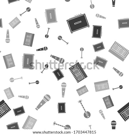 Set Guitar amplifier, Banjo, Music synthesizer and Microphone on seamless pattern. Vector