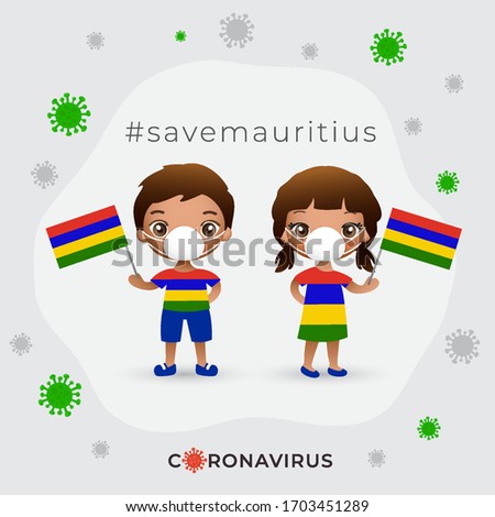 Set of boy and girl wearing surgical mask preventing coronavirus with national flag : Mauritius : Vector Illustration