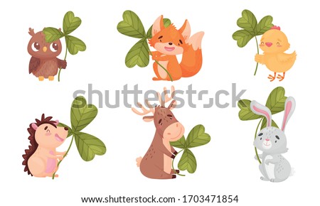 Cartoon Animals with Clover Leaf on Stalk Isolated on White Background Vector Set